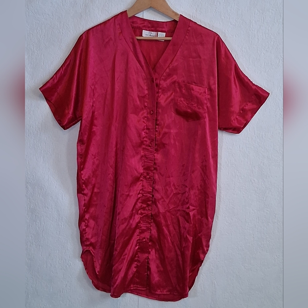 Vintage Satin and Beaux Silky Button down Night shirt / Gown Hot Blush Pink Sz M